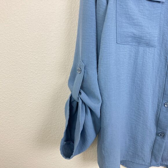Zac & Rachel Women's V-Neck Button Up Blouse Size M Blue Roll Tab Sleeve Pockets - Picture 3 of 7